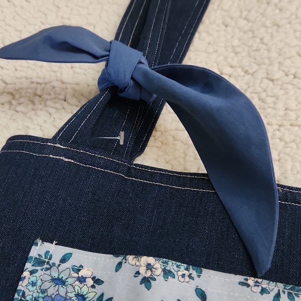 Double sided Handmade Denim Tote Spring Floral Pocket and Blue Bow Bird Artsy - Picture 5 of 10